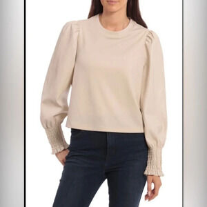 Bagatelle Women’s Faux Leather Puff Sleeve Top Crème Career Casual Size M
